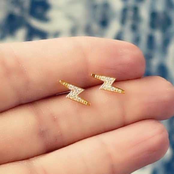 14K Gold Vermeil Lightning Bolt Stud Earrings - Picture 3 of 9
